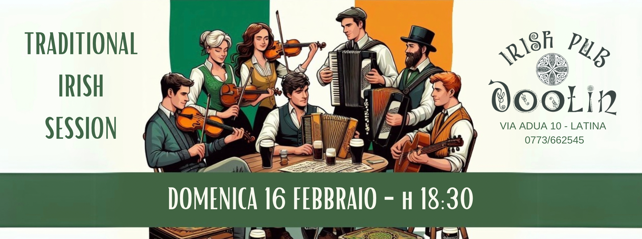 Sessione di musica irlandese dal vivo al Doolin Irish Pub di Latina con strumenti tradizionali e atmosfera autentica.